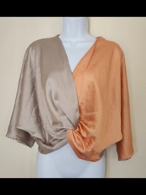 Renee C. Two-Tone Satin Twist Crop Top in Taupe & Peach